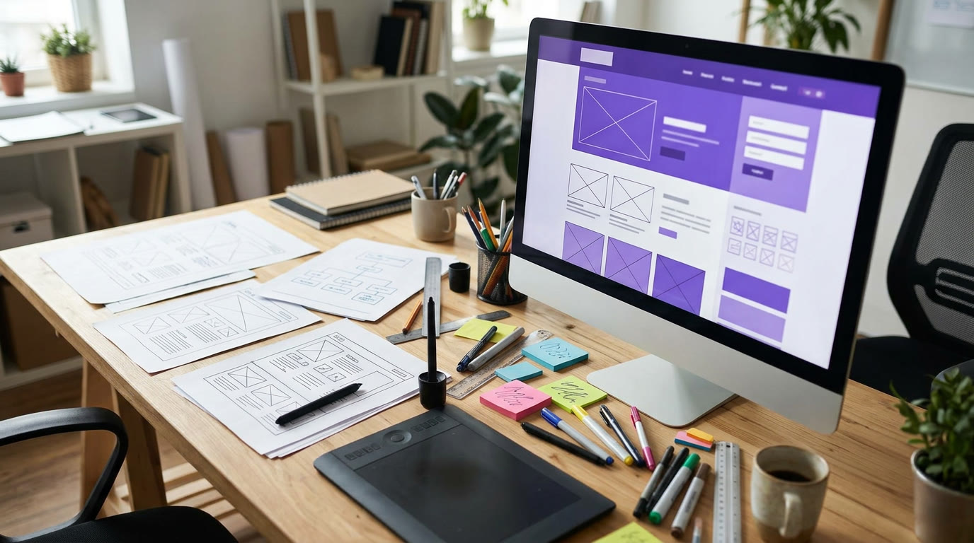 Website wireframes on a design table