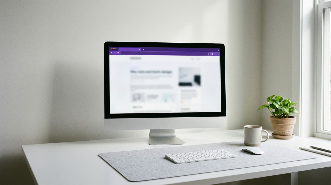 A minimal white desk with a keyboard and domain planning notes