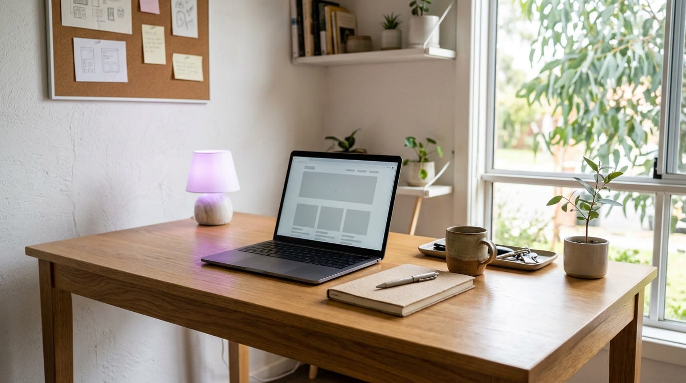 A bright Australian small business workspace with a laptop on the desk